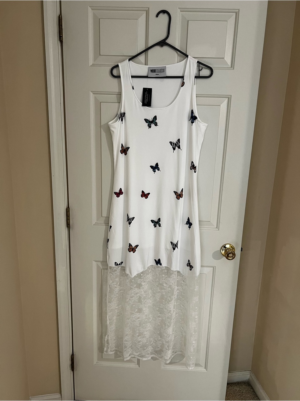 White Butterfly Print Lace-Hem Casual Dress